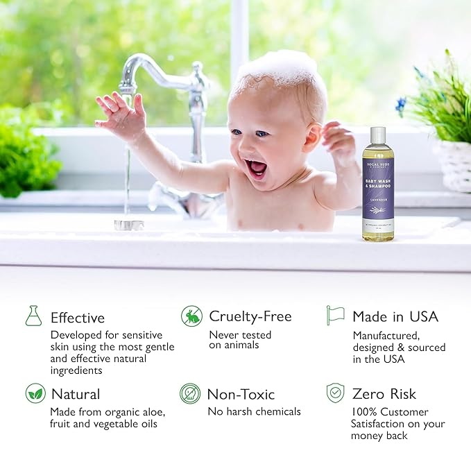 SoCal Suds & Company Organic Baby Shampoo and Body Wash - 2-in-1 Castile Soap, Hypoallergenic, Sensitive Skin, Natural Soap, Toddler Shampoo, Infant, Newborn, Kids Body Wash - 12oz Lavender