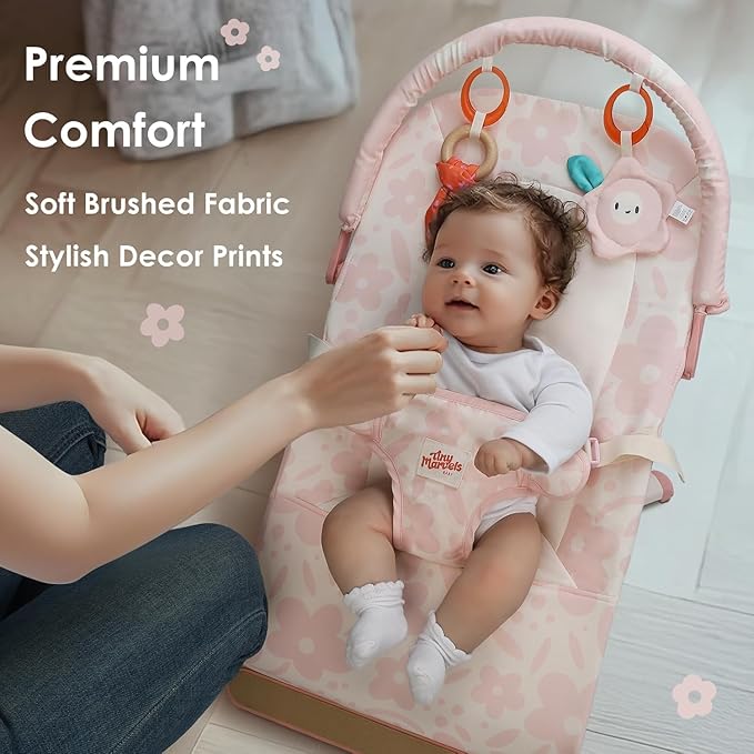 Tiny Marvels Baby Bouncer, 3-Point Harness Baby Bouncer Seat for Newborn Toddler, Portable Baby Rocking Chair with Sensory Toys and Music, Compact & Portable Baby Bouncers Chair (Pink Floral)