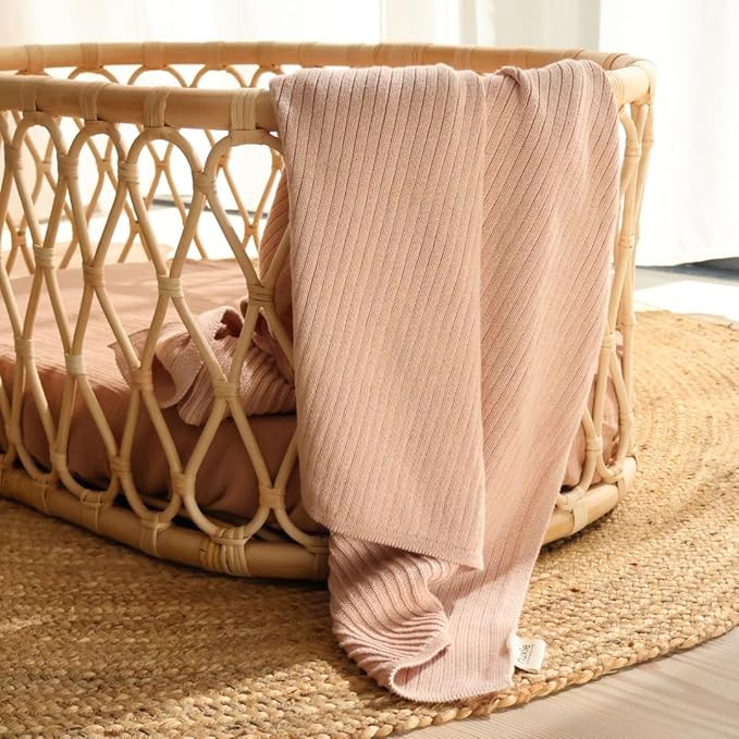 Knitted Organic Cotton Baby Blanket- Swaddle Blanket, 30" x 40" Soft Receiving Blanket for Newborn (Ribbed-Blush)