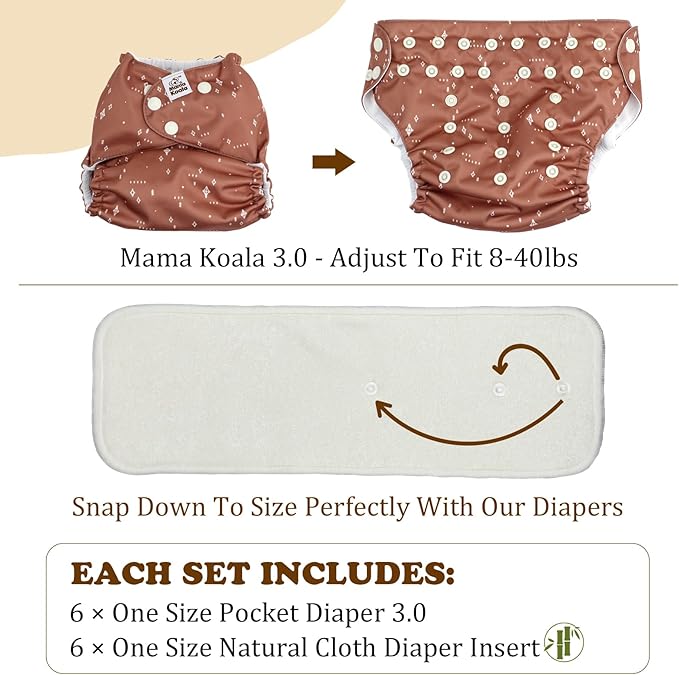 Mama Koala 3.0 Cloth Diapers for Babies with AWJ Lining, 6 Pack with 6 5-Layer Natural Cloth Diaper Inserts - Reusable and Washable Pocket Diapers(A-Seashore)
