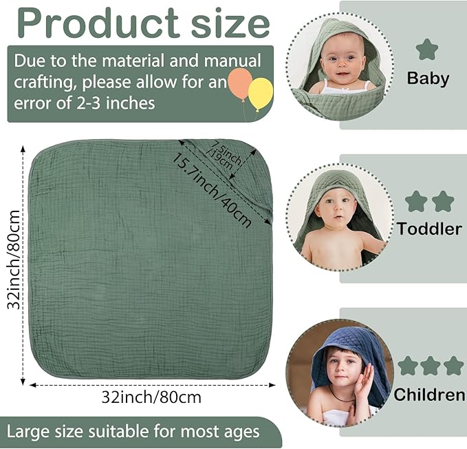 VitalCozy 6 Pcs Baby Muslin Hooded Bath Towels and Washcloths Muslin Cotton Hooded Baby Towels Absorbent Blankets for Gift Newborn Infant Shower (32 x 32 Inch,Green,Blue)