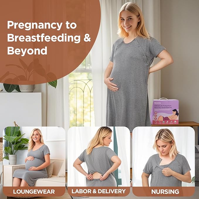 Upgraded Postpartum Recovery Essentials Kit for Women, Nursing Gown, Luggage Bags, Socks, Peri Bottle, Cooling Spray, Disposable Underwear, Postpartum Pads, Hot&Cold Packs, Cooling Liners