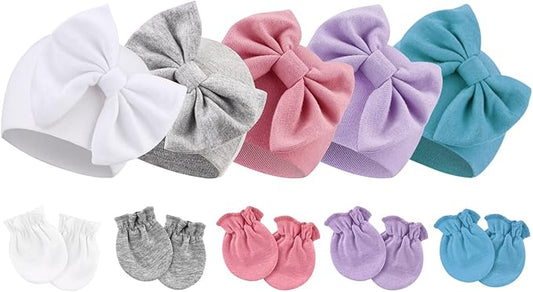 BQUBO Newborn Baby Girls Hats Mittens Set Hospital Hat Beanie Infant Bow Hats Baby Cotton Gloves for 0-6 Months