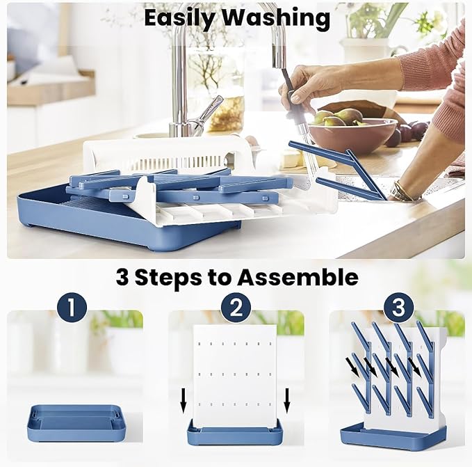 Baby Bottle Drying Rack: Vertical Space Saving Large Bottles Holder - Standing Boon Dryer Rack Baby Accessory - Countertop Holds Up to 12 Bottles & Pump Part Cleaning & Cup (Blue) (Blue)