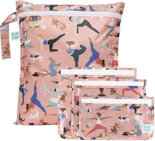 Bumkins - Waterproof Wet Bag & Clear Travel Bags - For Beach, Baby, Travel, Swim Suit, Cloth Diapers, Pump Parts, Pool, Gym, Toiletries - Reusable & Easy to Clean - Yoga Pals - 4 Pack