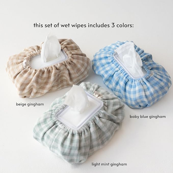 Baby Wipes Cover – Universal Size, One Size Fits All Wipes Packages | Muslin Cotton Tissue Cover for Nursery, Diaper Bag & Changing Table, Station | Gingham & Neutral Patterns (3-Gingham Blue)