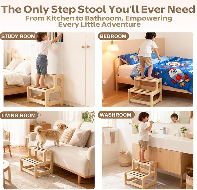 Toddler Step Stool, 2-Step Wooden Stool for Kids with Handles, Non-Slip Potty Training Seat for Bathroom Sink, Kitchen & Bedroom, Adjustable Height Child Step Stool for Ages 2+ (Natural Wood)