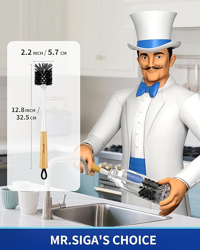 MR.SIGA Water Bottle Brush, Long Handle Bottle Brush for Water Glasses, Baby Bottles, Sports Bottles Cleaning, White, 2 Pack