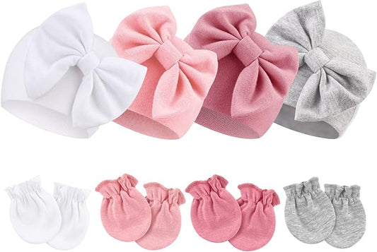 Newborn Baby Hats and Mittens Set Infant Bow Beanie Cap Toddler Gloves Newborn Hospital Hats for Baby Boy Girl 0-6 Months
