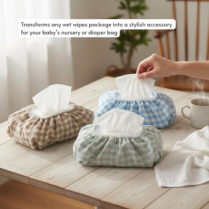 Baby Wipes Cover – Universal Size, One Size Fits All Wipes Packages | Muslin Cotton Tissue Cover for Nursery, Diaper Bag & Changing Table, Station | Gingham & Neutral Patterns (3-Gingham Blue)