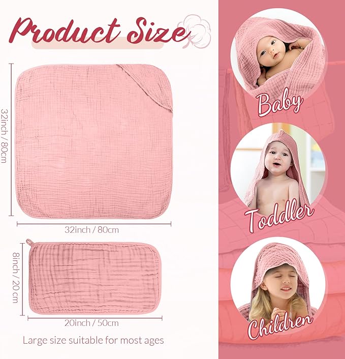 VitalCozy 8 Pcs Baby Muslin Hooded Bath Towels and Washcloths Muslin Cotton Hooded Baby Towels Absorbent Blankets for Gift Newborn Infant Shower (32 x 32 Inch,Elegant Color)