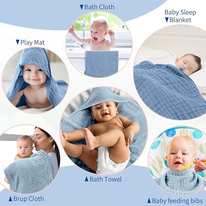 VitalCozy 6 Pcs Baby Muslin Hooded Bath Towels and Washcloths Muslin Cotton Hooded Baby Towels Absorbent Blankets for Gift Newborn Infant Shower (35 x 35 Inch,Mint Blue,Sky Blue)