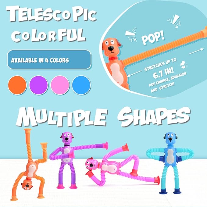 4Pcs Telescopic Suction Cup Puppy Toys,Sensory Toys for Kids 3-5 5-7,Toddler Toy,Fidget Toy,Toddler Travel Essential for Airplane,Pop Tubes, Christmas Stocking for Kids Boys Girls J