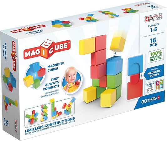 Geomag Magicube 16pcs Magnetic Blocks - Magnetic Building Blocks for Toddlers 1-3, Montessori Toys for 1+ Year Old, Autism Sensory Product, Magnets for Kids