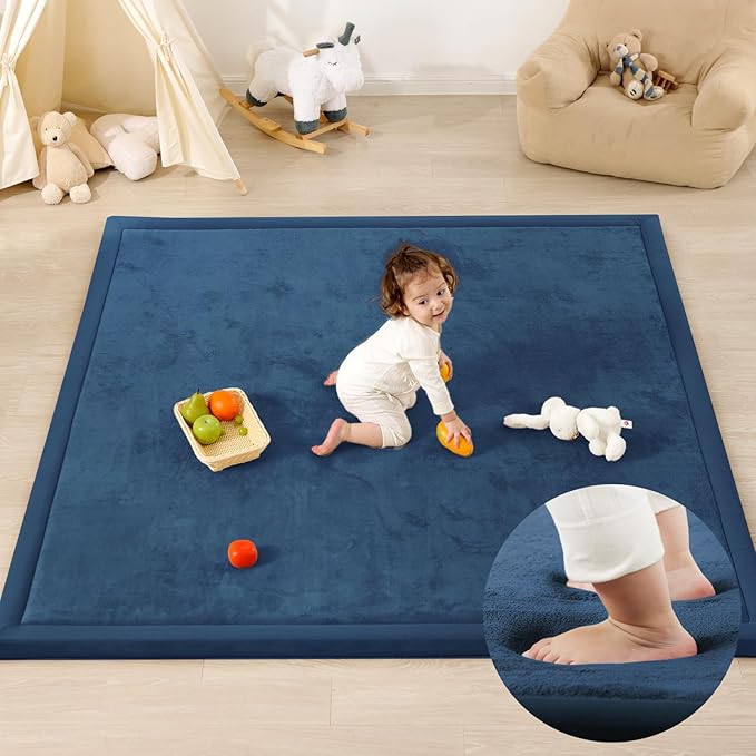 1.3" Thick Baby Play Mat for Floor, 39x59 Foam Tummy Time Mat, Padded Support Soft Plush Nursery Rug for Infant Kids Toddler Crawling Kick Activity (Royal Blue)