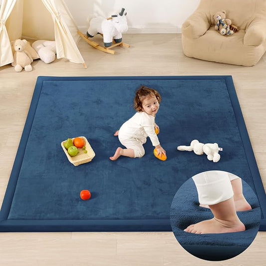 1.3" Thick Baby Play Mat for Floor, 39x59 Foam Tummy Time Mat, Padded Support Soft Plush Nursery Rug for Infant Kids Toddler Crawling Kick Activity (Royal Blue)