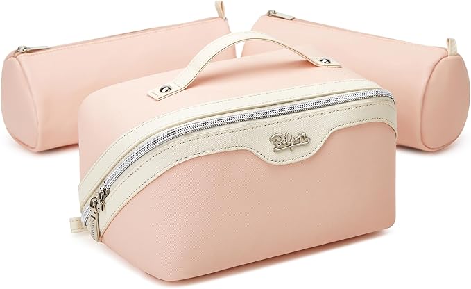 BOYATU Travel Makeup Bag Organizer Cosmetic Bag: 3 Pcs Set Make up Bags for Women with Handle - Waterproof Vegan Leather Toiletry Bags Travel Essentials Pouch with Compartments (D-04-Pink)