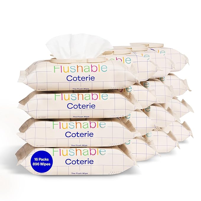 Coterie Flushable Wipes for Toddlers, Designed for Potty Training, Safe for Sensitive Skin, Hypoallergenic, 99% Water, Plant-Based, Fragrance Free, Sewer & Septic Safe, 16 Pack (448 Wipes)