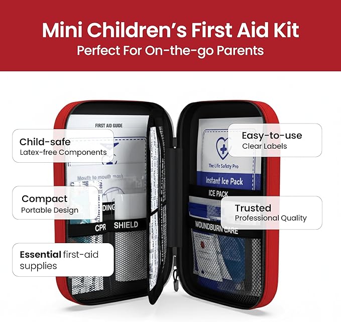 Small, First Aid and CPR Kit for children, toddler, and kids. Large Variety of Bandages to fit your childs injuries. Perfect travel first aid kit, Diaper Bag, Backpack, Car, and More. Quick and Effect