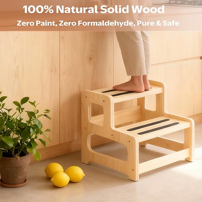 Toddler Step Stool, 2-Step Wooden Stool for Kids with Handles, Non-Slip Potty Training Seat for Bathroom Sink, Kitchen & Bedroom, Adjustable Height Child Step Stool for Ages 2+ (Natural Wood)