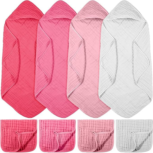 VitalCozy 8 Pcs Baby Muslin Hooded Bath Towels and Washcloths Muslin Cotton Hooded Baby Towels Absorbent Blankets for Gift Newborn Infant Shower (32 x 32 Inch,Bright Colors)