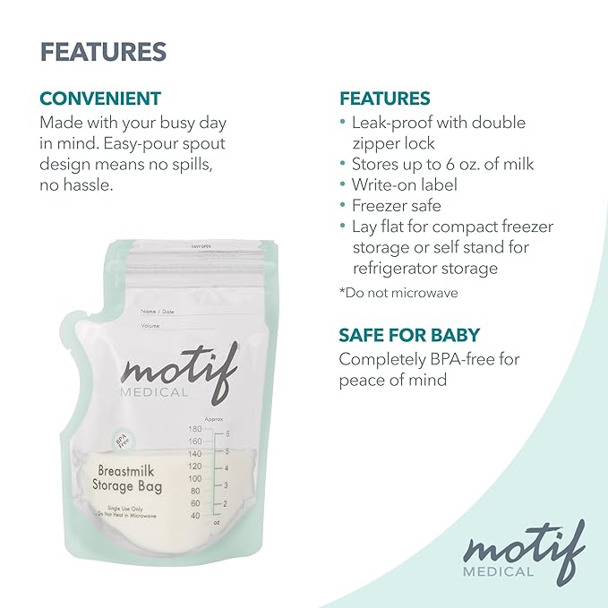 Motif Medical Breastmilk Storage Bags - Breastmilk Freezer Bags w/Easy Pour Spout, Write-On Label - Leak-Proof Double Zipper Milk Bags for Breastmilk - Breastfeeding Mom Gifts (6 oz, 100 Count)