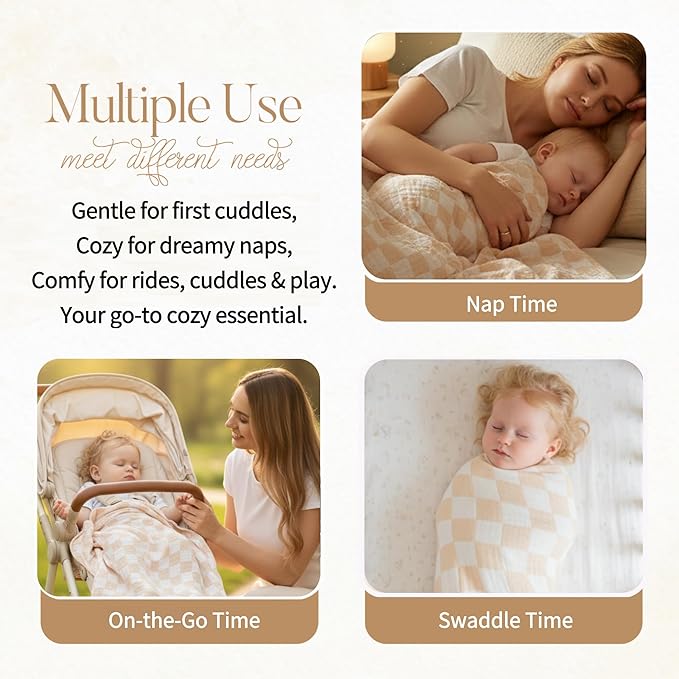 Ultra-Soft Checkered Muslin Baby Blanket - Swaddle & Crib, 43x43 (Cream)