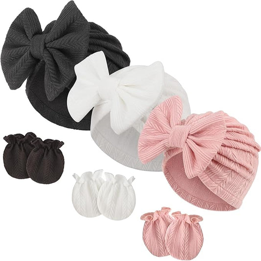 BQUBO Newborn Girls Hats Baby Hat and Mittens Set Infant Caps Bow Hospital Beanie with No Scratch Mittens for Baby Boys Girls