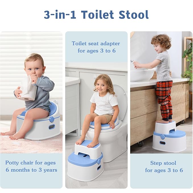3-in-1 Potty Training Toilet, Portable Potty, Potty Training Seat and Toddler Step Stool, Easy Setup and Clean, Anti-Slip Toddler Potty Trainer for Boy Girl,Blue