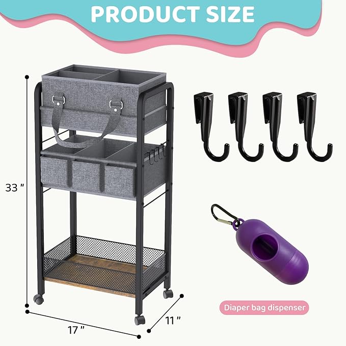 2IN1 Baby Diaper Caddy Organizer-3 Tier Rolling Storage Cart with Dividers - Bedside Diaper Caddy Cart for Baby Nursery Newborn Essentials-Mobile Utility Carts with Wheels for Changing Table