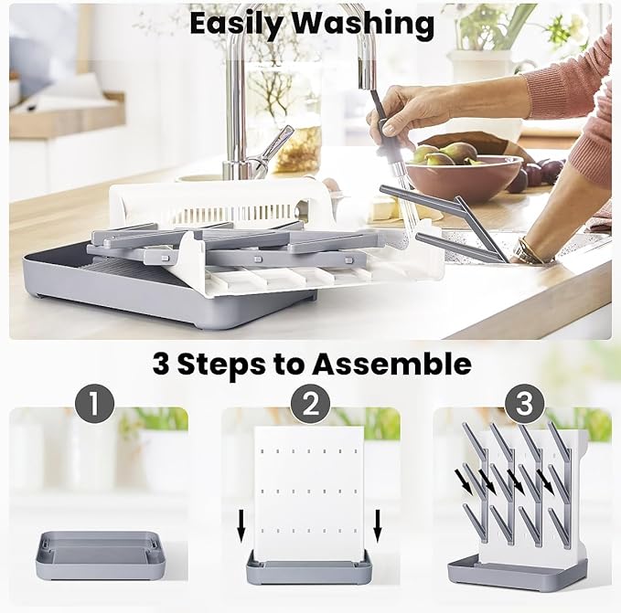 Baby Bottle Drying Rack: Vertical Space Saving Large Bottles Holder - Standing Boon Dryer Rack Baby Accessory - Countertop Holds Up to 12 Bottles & Pump Part Cleaning & Cup (Blue) (Gray)