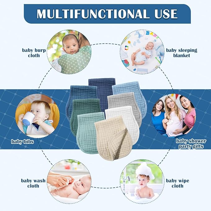 Frienda 8 Pieces Muslin Burp Cloths for Baby Cotton Burp Cloth 10 x 20 Inches Multi Colors Muslin Washcloths Diapers 4 Absorbent Layers Newborn Face Towels for Baby Boy Girl Unisex (Cool Colors)