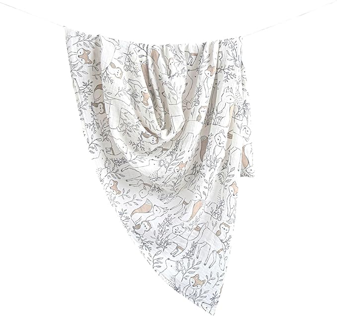 Crane Baby 100% Cotton Muslin Swaddle Blankets, Set of 2, 47" x 47", Boho Woodland Baby, Forest Animals Swaddle, Neutral Baby Items