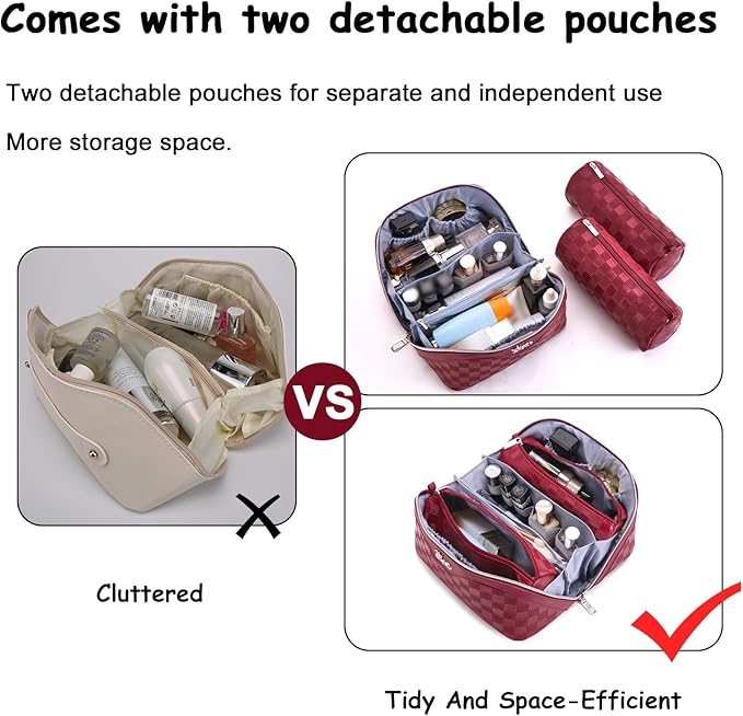 BOYATU Travel Makeup Bag Organizer Cosmetic Bag: 3 Pcs Set Make up Bags for Women with Handle - Waterproof Vegan Leather Toiletry Bags Travel Essentials Pouch with Compartments (08-Red)