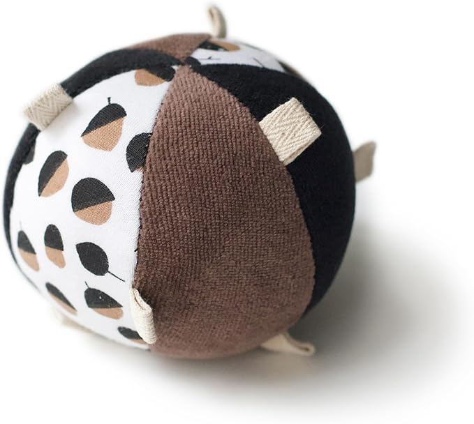 Wee Gallery Taggy Ball with Rattle, Soft Sensory Baby Toy, Sensory Ball with Organic Cotton Fabric, Little Tags & Gentle Rattle for Tummy Time, Grasping & Developmental Play, Acorns