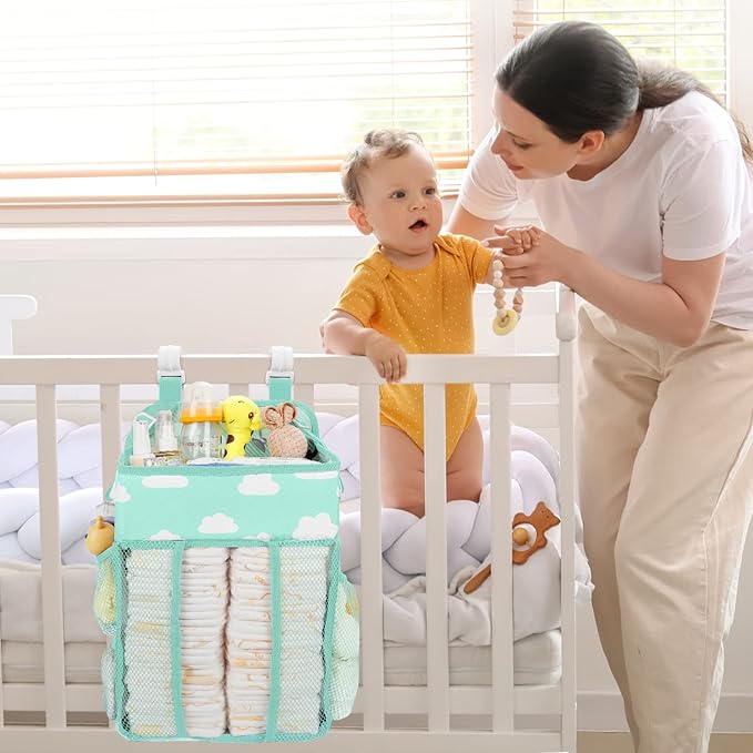 Maliton Hanging Diaper Caddy Organizer - Diaper Stacker Organizer for Changing Table, Crib, Playard & Nursery Organization Diaper Holder Baby Shower Gifts for Newborn (Blue-Green)