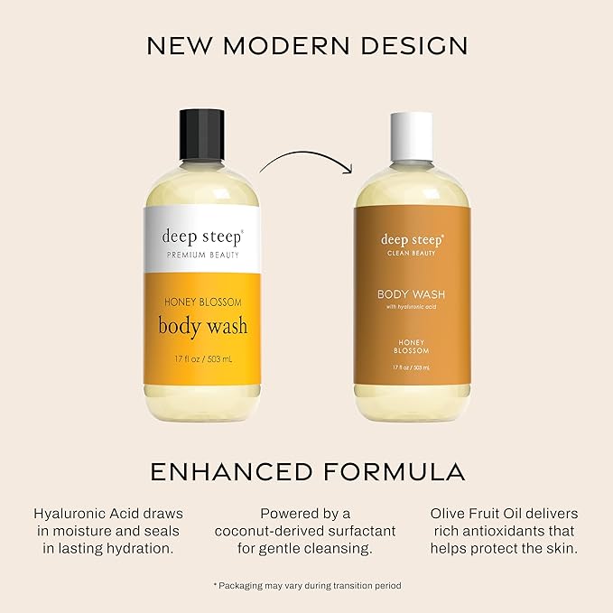 Deep Steep Body Wash, Honey Blossom, 17 oz – Hydrating Shower Gel with Hyaluronic Acid, Shea Butter, Aloe Vera & Argan Oil – Vegan, Clean Beauty, Clean & Refreshed Skin