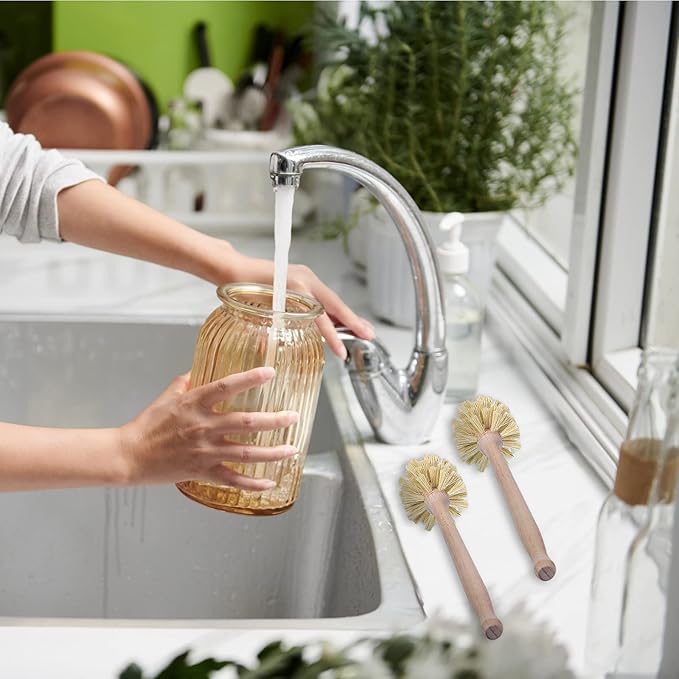 Gejoy 6 Pcs Natural Wood Dish Scrub Brush with Long Beechwood Handle Bristles for Cleaning Bottles, Mugs, Jars, Glasses, Dishes, Vases, Pitchers, 13.6 x 2.6 Inches