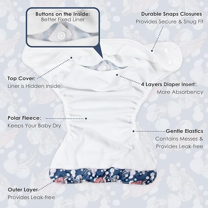 wegreeco Cloth Diapers 5 Pack with 5 Inserts, Washable Cloth Diapers for Babies, One Size Adjustable Reusable (Boy Car & Sail)