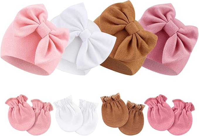 Newborn Baby Hats and Mittens Set Infant Bow Beanie Cap Toddler Gloves Newborn Hospital Hats for Baby Boy Girl 0-6 Months