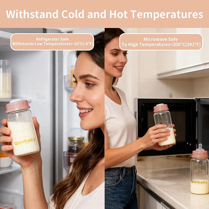 Natural Glass Baby Bottle 150ml 5oz Standard Neck Breast Milk Storage Bottles Compatible with Medela Breast Pumps for Breastmilk Storage Bottle Breastfeeding BPA-Free 4 Pack (Pink Lids)