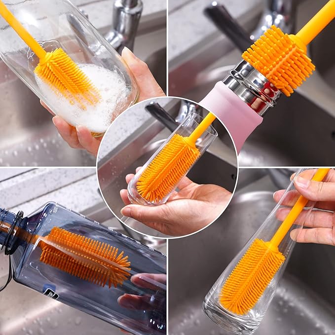Silicone Bottle Brush, Water Bottle Cleaner Brush with Long Handle, Perfect for Cleaning Narrow Neck Containers, Vacuum Sports Bottle, Tumblers, Flask, Glassware (1 Pack, Charcoal)