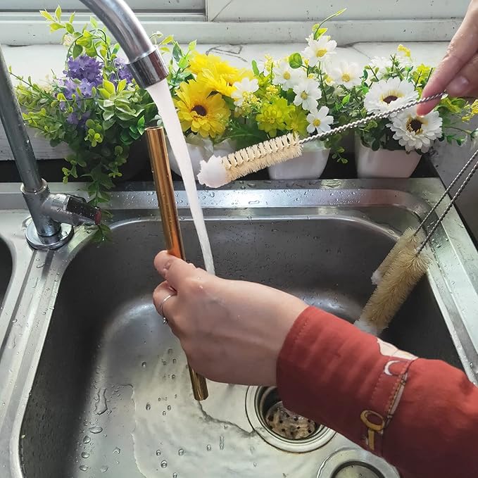 NewFerU Stainless Steel Soda Bottle Cleaning Brush Set in Natural Boar Bristle Wool Tip Long Handle, Flexible Bendable Thick Wire Cleaner for Narrow Neck Water Baby Bottles Straw Pipe Tube Flask (4)