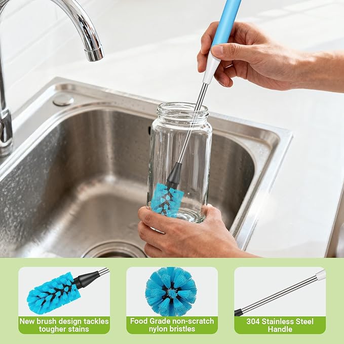 Water Bottle Brush, 15 Inches Bottles Brush, Long Handle Water Bottle Cleaner Brush, Kitchen Cup Brush Built for Cleaning Cup, Wine Glasses, Coffee Mugs, Tumblers, Wine Decanters, Blue
