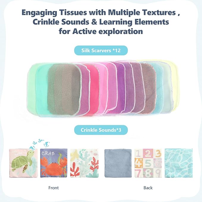 Baby Tissue Box Toy, Montessori Sensory Toys for 6-12 Months, 6 Month Old Baby Must Haves, with Crinkle Paper, Silk Scarves, Safety Mirror, Perfect Early Learning Gift