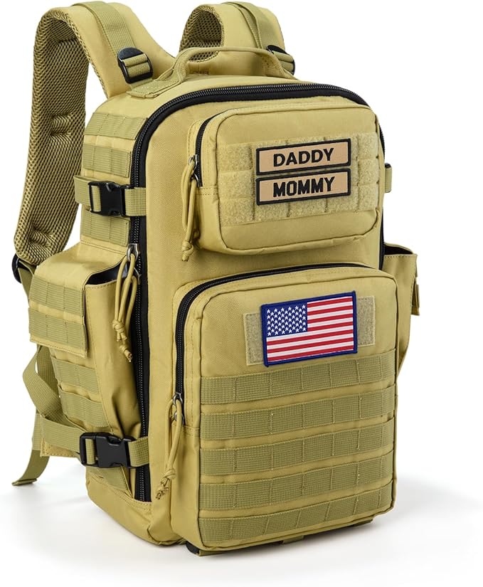 SHARKMOUTH Military Diaper Bag for Dad - Insulated Baby Diaper Backpack with Patches for Hiking Travel Camping - Baby Shower Gifts Tan