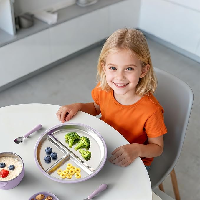 Stainless Steel Suction Plates for Toddlers, 9" Divided Kids Baby Plates with Removable Silicone Suction, Non Toxic Non Slip Portion Control Snack Dishes 3 Packs, Pink Beige Lilac