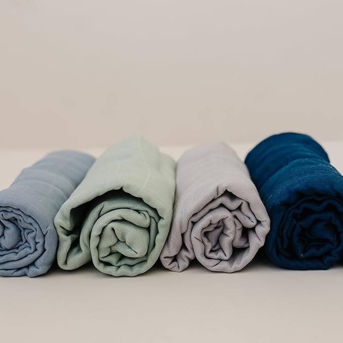 Featherhead™ 100% Cotton Muslin Swaddle Blankets for Baby Girl - Large 47”x 47” - Pre-Washed, Soft, & Breathable - Newborn Essential & Perfect Baby Registry Gift (4 Pack - Blue Solids)