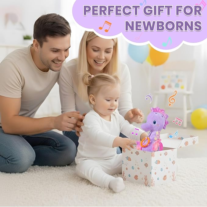 Baby Toys 0-6 Months,Infant Musical Seahorse Stuffed Animals Sensory Toys with Bright Colors,Multiple Textures,Rattles & Crinkle Sound Paper,Tummy Time Toy for Newborn Boys Girls 0-12 Months-Purple