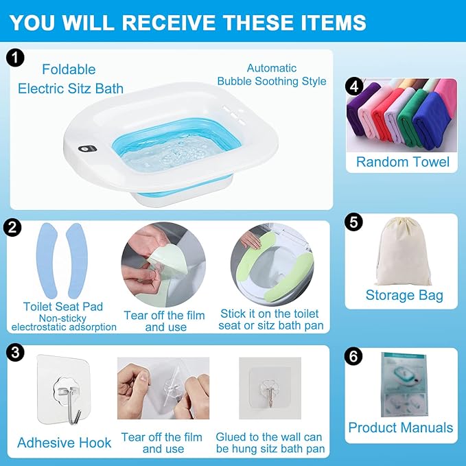 Electric Sitz Bath, Sitz Bath for Hemorrhoids, Sitz Bath for Postpartum Care, Toilet Seat Tub for Women Men, Sitz Baths Salts Bowl, Sits Bath Soak Pan, Hip Bath Basin, Collapsible, Blue